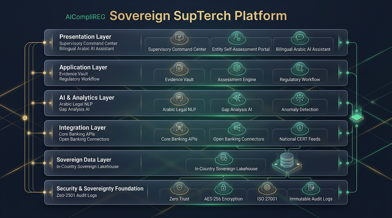 AICompliREG Sovereign SupTech Architecture|Six-layer high-assurance institutional framework with in-country data residency and zero-trust controls