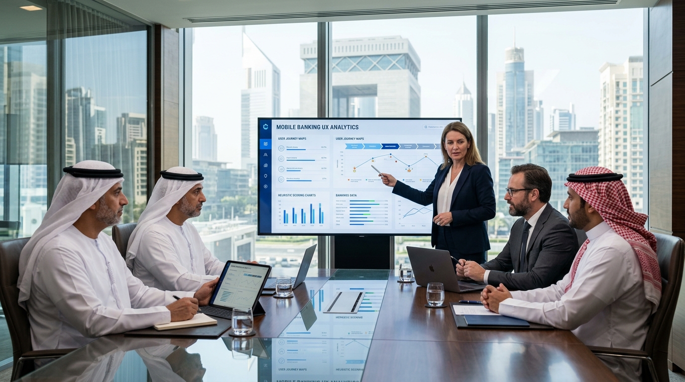 Evidence-Led UX Intelligence for GCC Bank Leadership | Senior GCC banking directors and Fintechify consultants analyzing mobile UX telemetry, journey maps, and heuristic scoring models at DIFC Gate Dubai